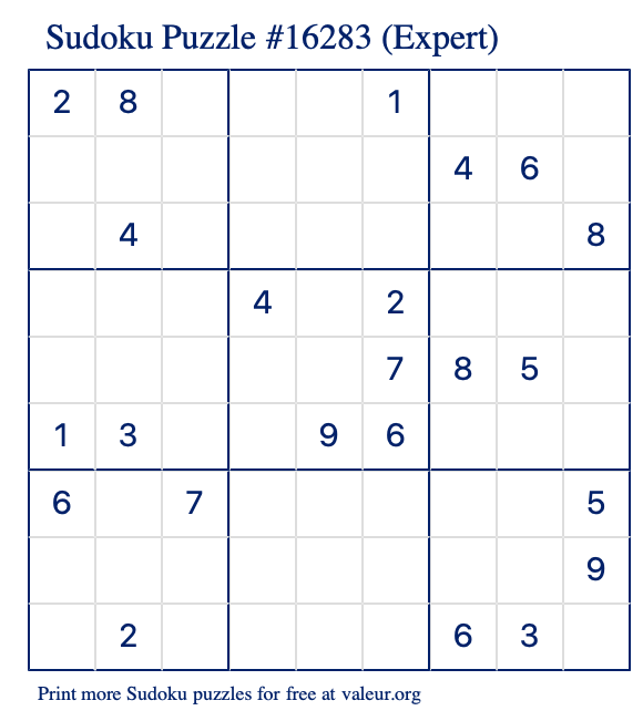 Free Printable Expert Sudoku Puzzle number 16283