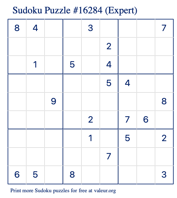 Free Printable Expert Sudoku Puzzle number 16284