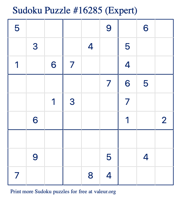 Free Printable Expert Sudoku Puzzle number 16285