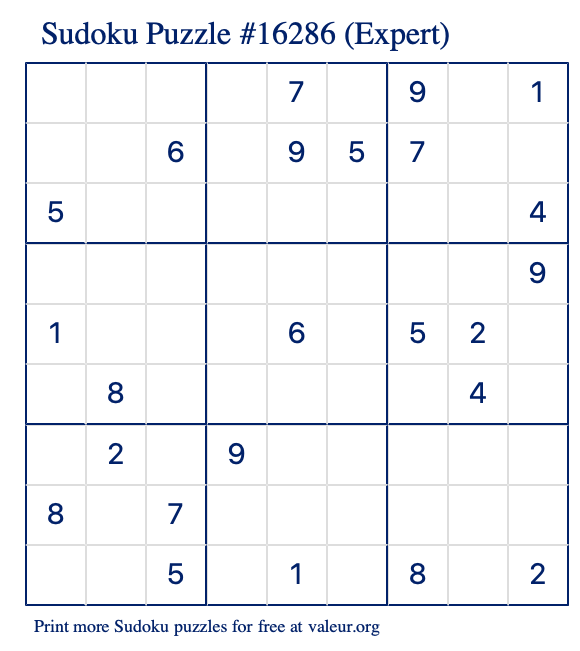 Free Printable Expert Sudoku Puzzle number 16286