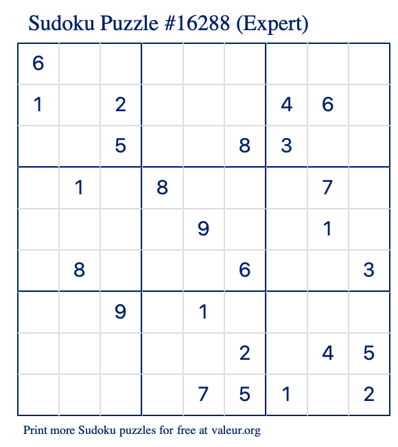 Free Printable Expert Sudoku Puzzle number 16288