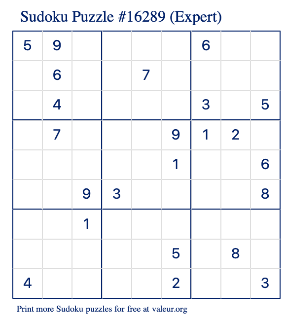 Free Printable Expert Sudoku Puzzle number 16289