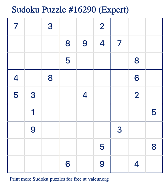 Free Printable Expert Sudoku Puzzle number 16290