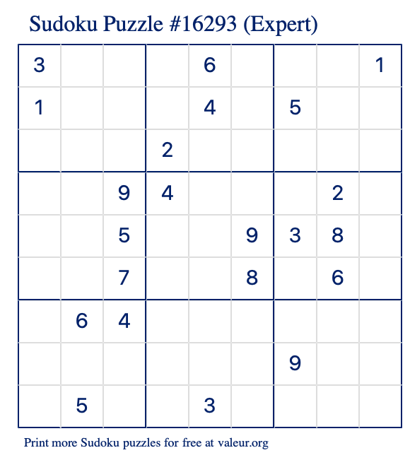 Free Printable Expert Sudoku Puzzle number 16293