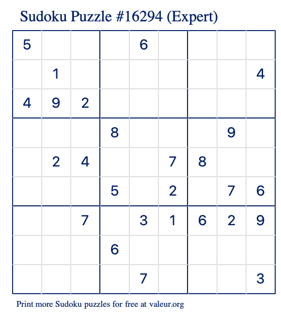 Free Printable Expert Sudoku Puzzle number 16294