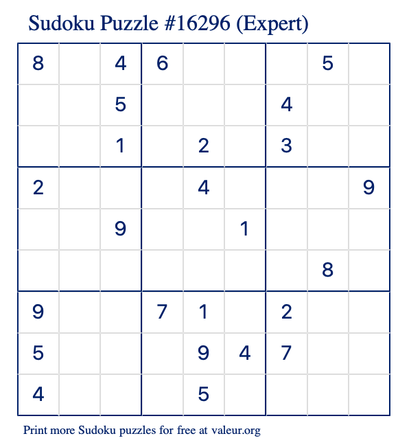 Free Printable Expert Sudoku Puzzle number 16296