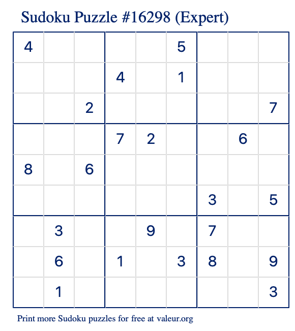 Free Printable Expert Sudoku Puzzle number 16298