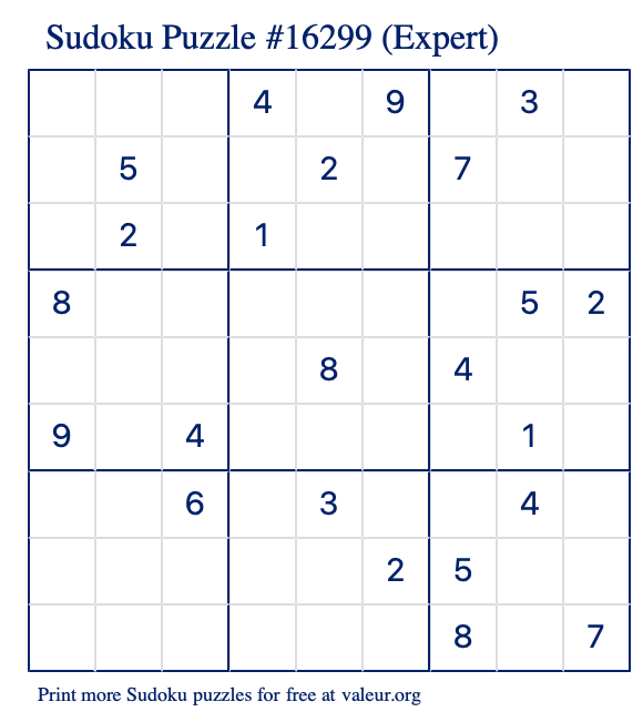 Free Printable Expert Sudoku Puzzle number 16299