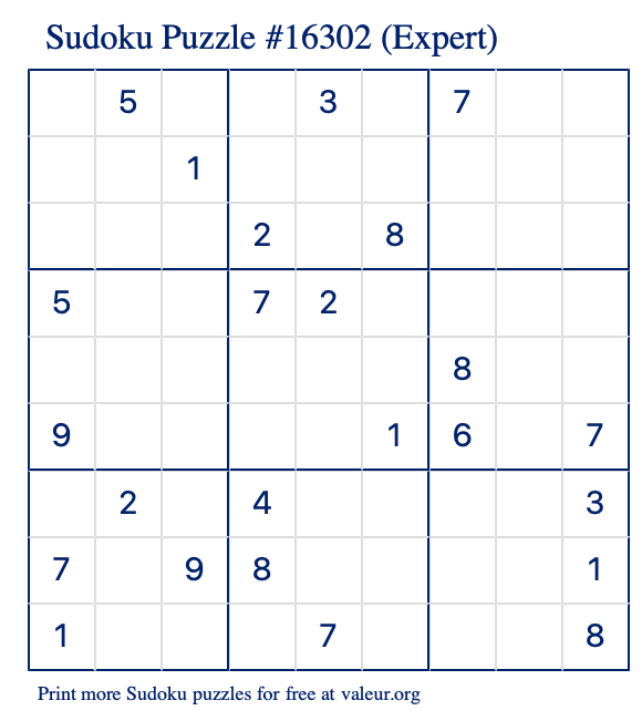 Free Printable Expert Sudoku Puzzle number 16302