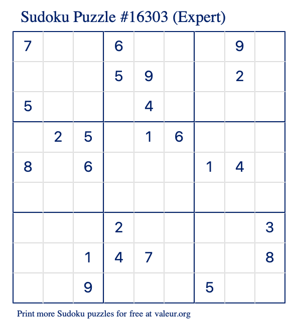 Free Printable Expert Sudoku Puzzle number 16303