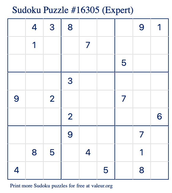 Free Printable Expert Sudoku Puzzle number 16305