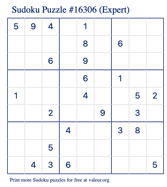 Free Printable Expert Sudoku Puzzle number 16306