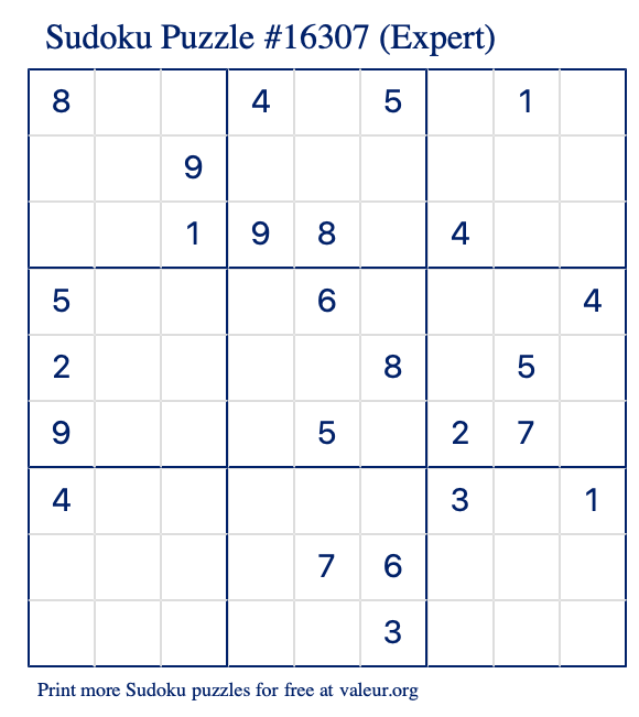 Free Printable Expert Sudoku Puzzle number 16307