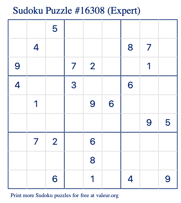 Free Printable Expert Sudoku Puzzle number 16308