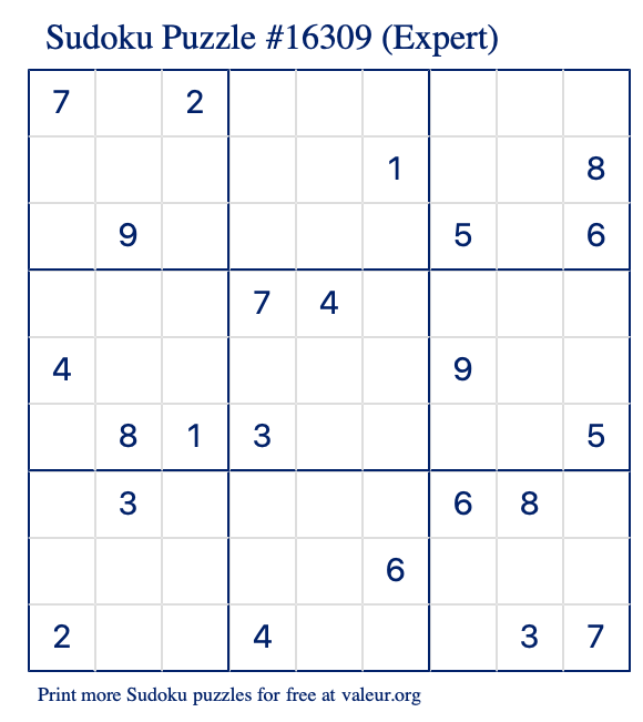 Free Printable Expert Sudoku Puzzle number 16309