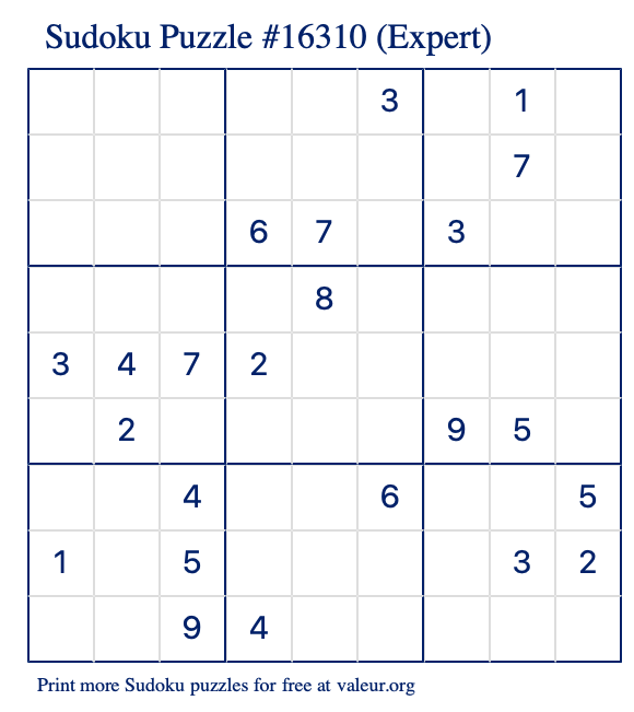 Free Printable Expert Sudoku Puzzle number 16310