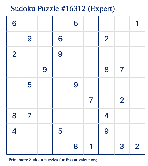 Free Printable Expert Sudoku Puzzle number 16312