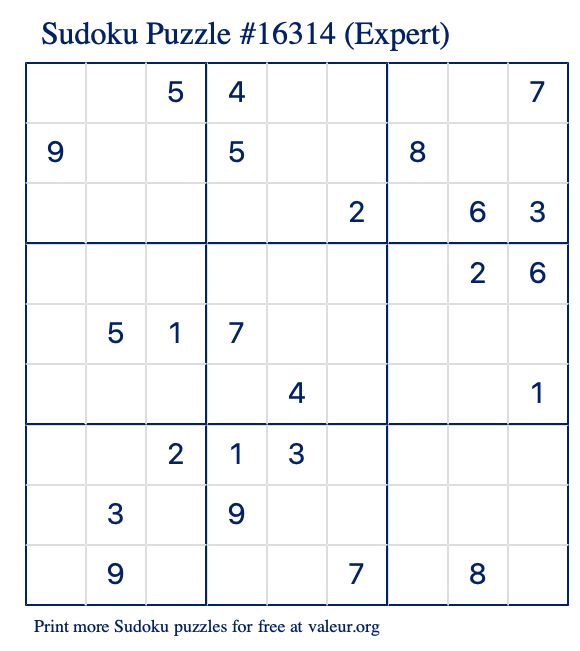 Free Printable Expert Sudoku Puzzle number 16314
