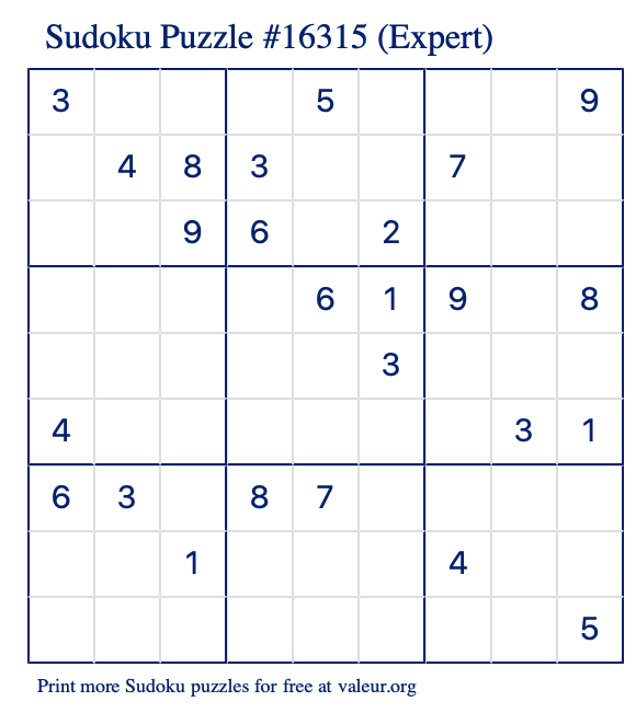 Free Printable Expert Sudoku Puzzle number 16315