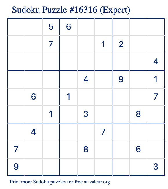 Free Printable Expert Sudoku Puzzle number 16316