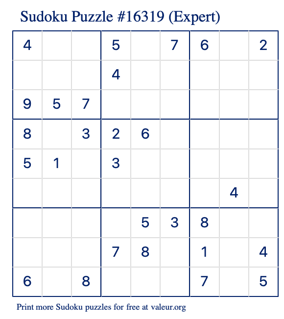 Free Printable Expert Sudoku Puzzle number 16319