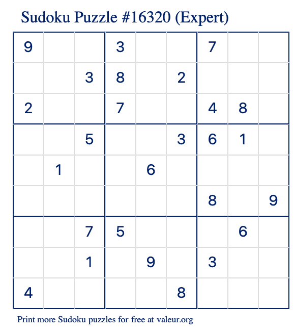 Free Printable Expert Sudoku Puzzle number 16320