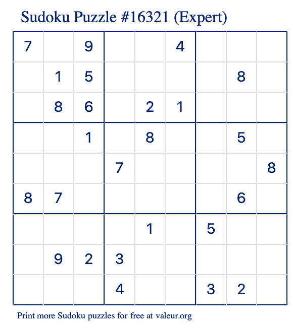 Free Printable Expert Sudoku Puzzle number 16321