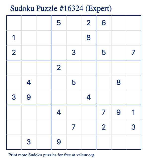 Free Printable Expert Sudoku Puzzle number 16324