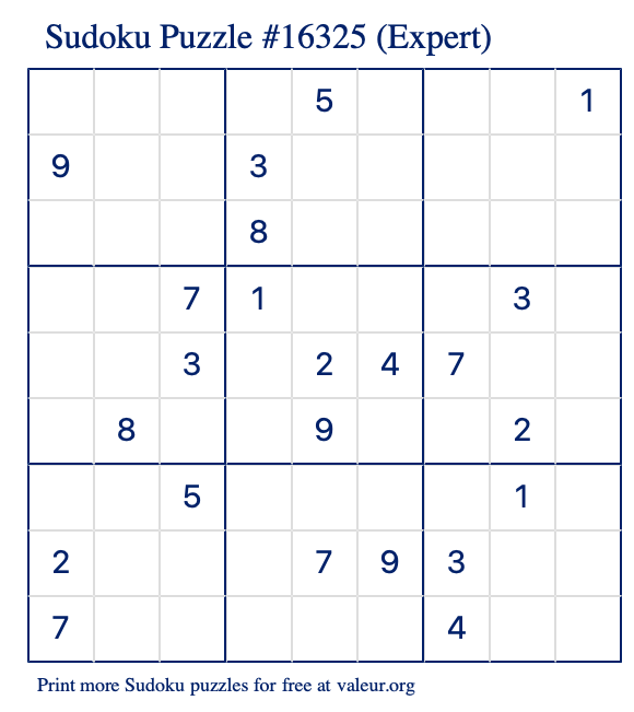 Free Printable Expert Sudoku Puzzle number 16325