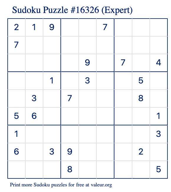 Free Printable Expert Sudoku Puzzle number 16326