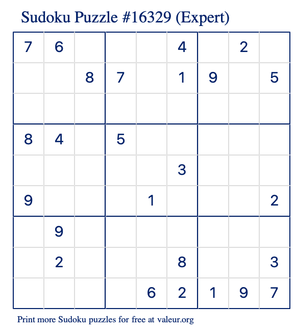 Free Printable Expert Sudoku Puzzle number 16329