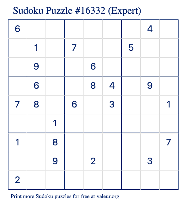 Free Printable Expert Sudoku Puzzle number 16332