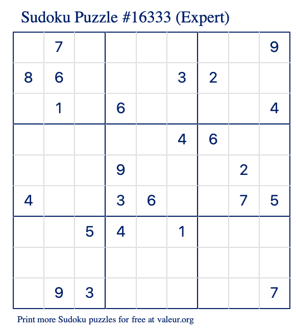 Free Printable Expert Sudoku Puzzle number 16333