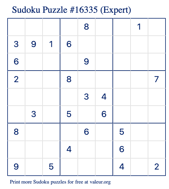 Free Printable Expert Sudoku Puzzle number 16335