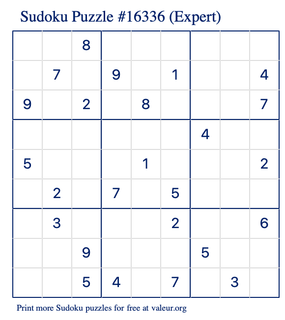 Free Printable Expert Sudoku Puzzle number 16336