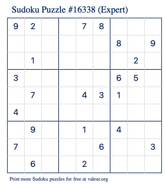 Free Printable Expert Sudoku Puzzle number 16338