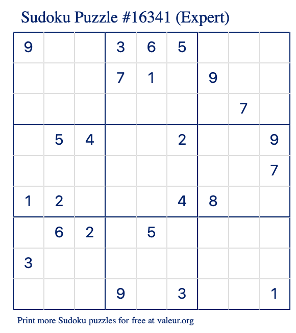 Free Printable Expert Sudoku Puzzle number 16341
