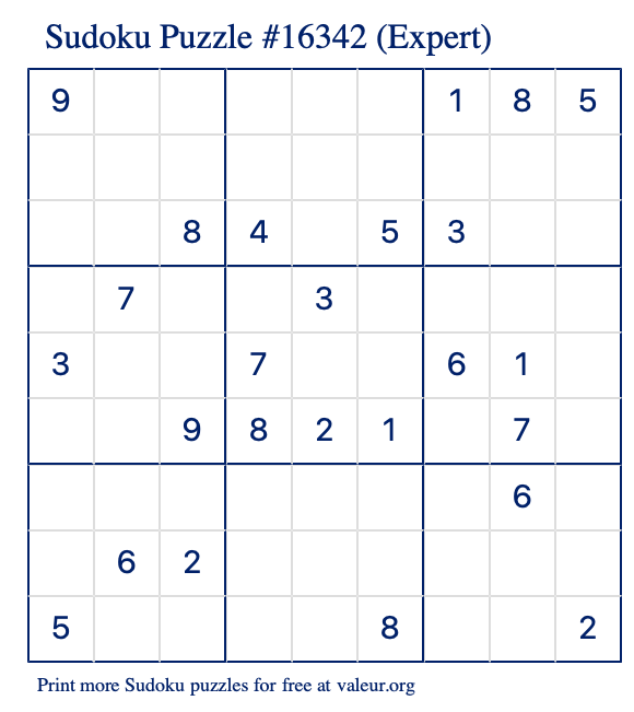 Free Printable Expert Sudoku Puzzle number 16342
