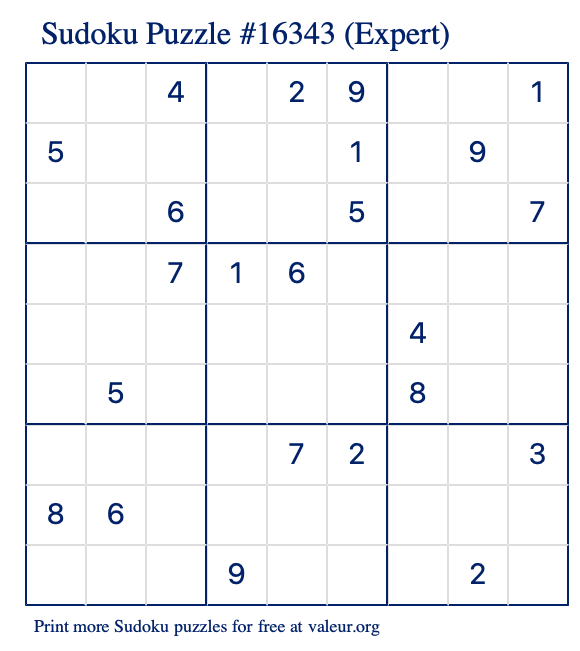 Free Printable Expert Sudoku Puzzle number 16343