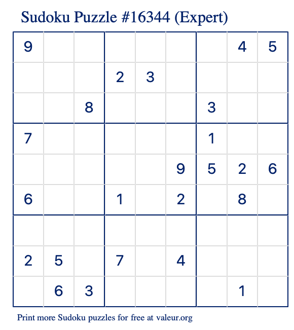 Free Printable Expert Sudoku Puzzle number 16344