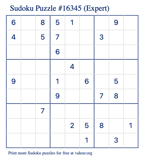 Free Printable Expert Sudoku Puzzle number 16345