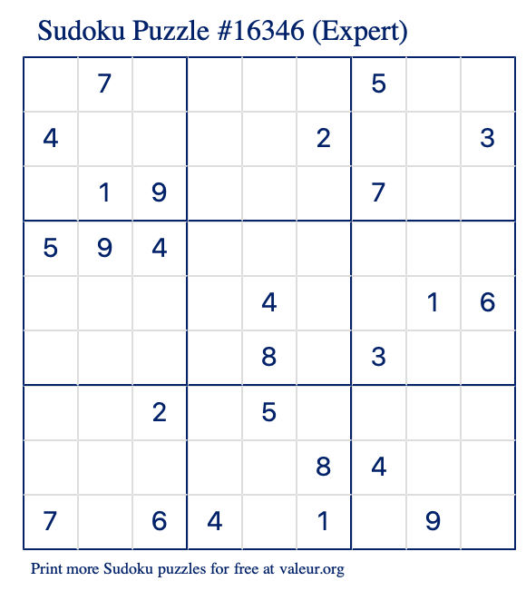 Free Printable Expert Sudoku Puzzle number 16346