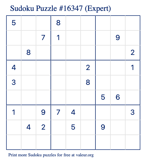 Free Printable Expert Sudoku Puzzle number 16347