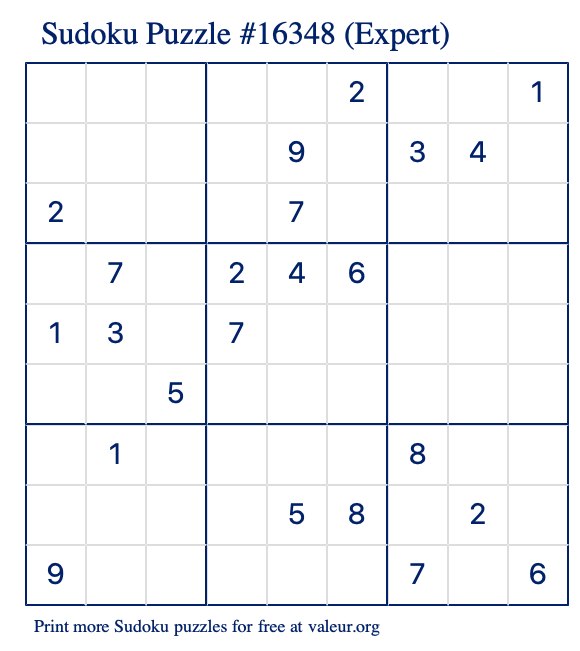 Free Printable Expert Sudoku Puzzle number 16348