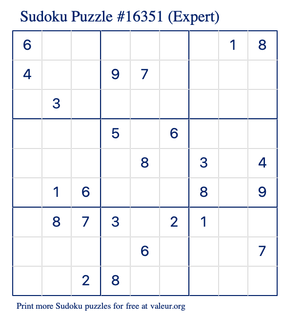 Free Printable Expert Sudoku Puzzle number 16351