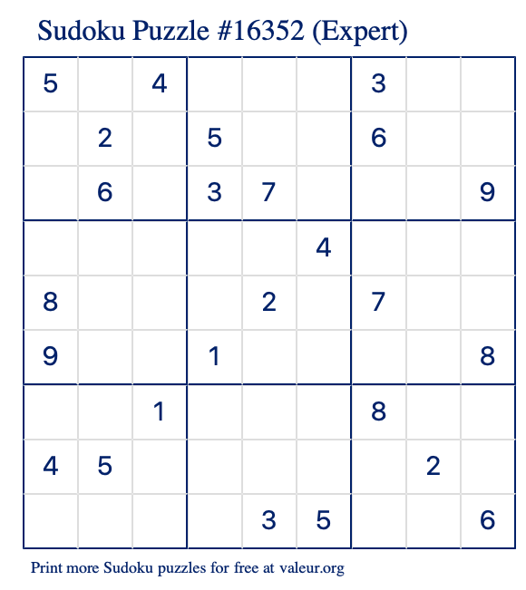 Free Printable Expert Sudoku Puzzle number 16352