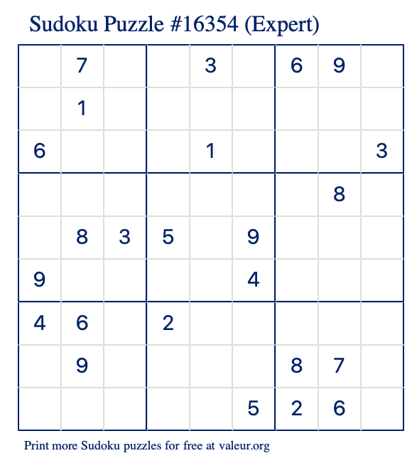 Free Printable Expert Sudoku Puzzle number 16354