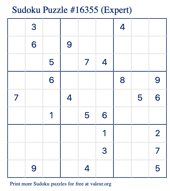 Free Printable Expert Sudoku Puzzle number 16355