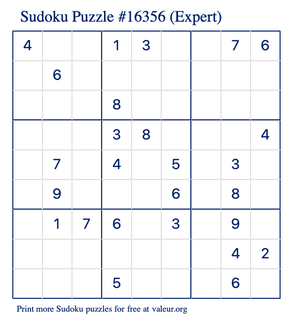 Free Printable Expert Sudoku Puzzle number 16356