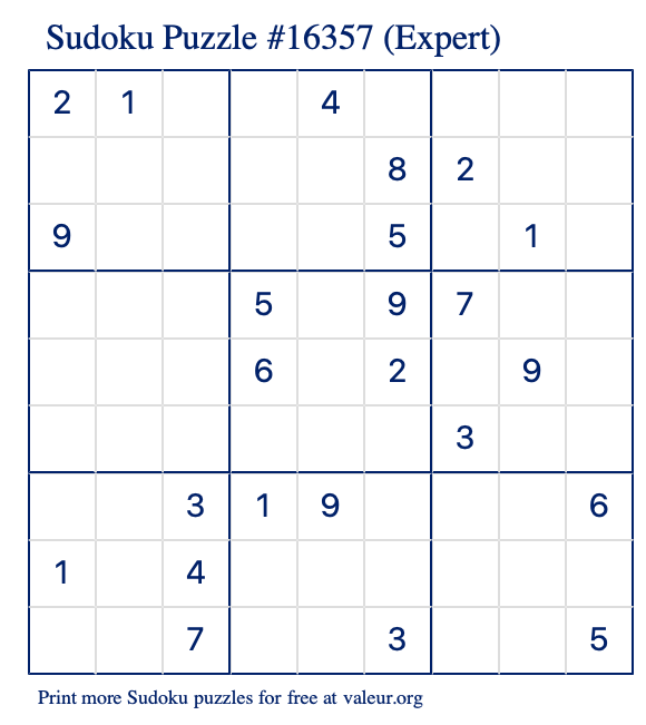 Free Printable Expert Sudoku Puzzle number 16357